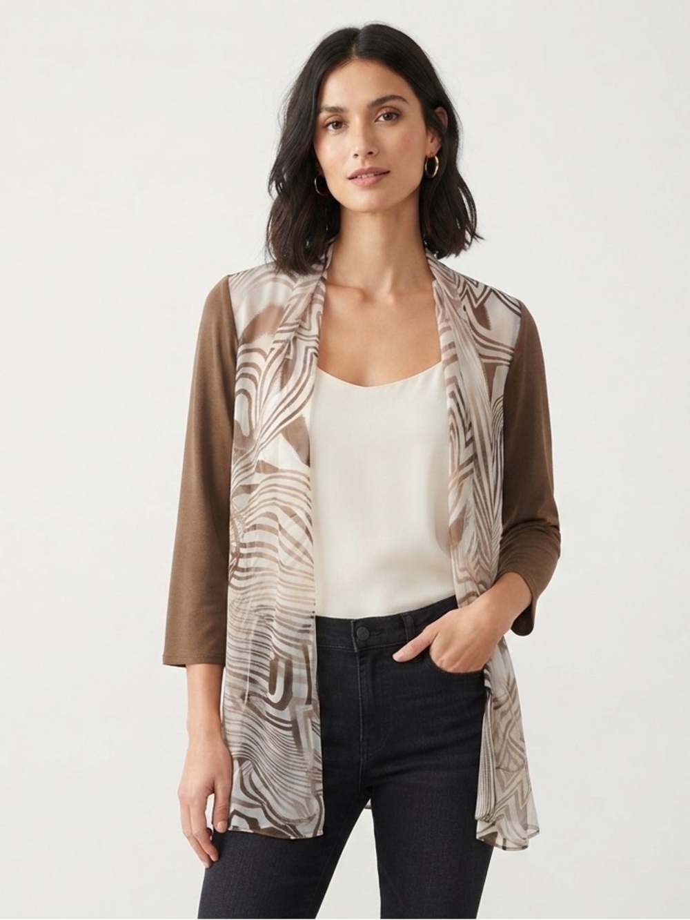 Travelers by Chico's Brown Cream Abstract Open Front Cardigan Size 1 | Medium